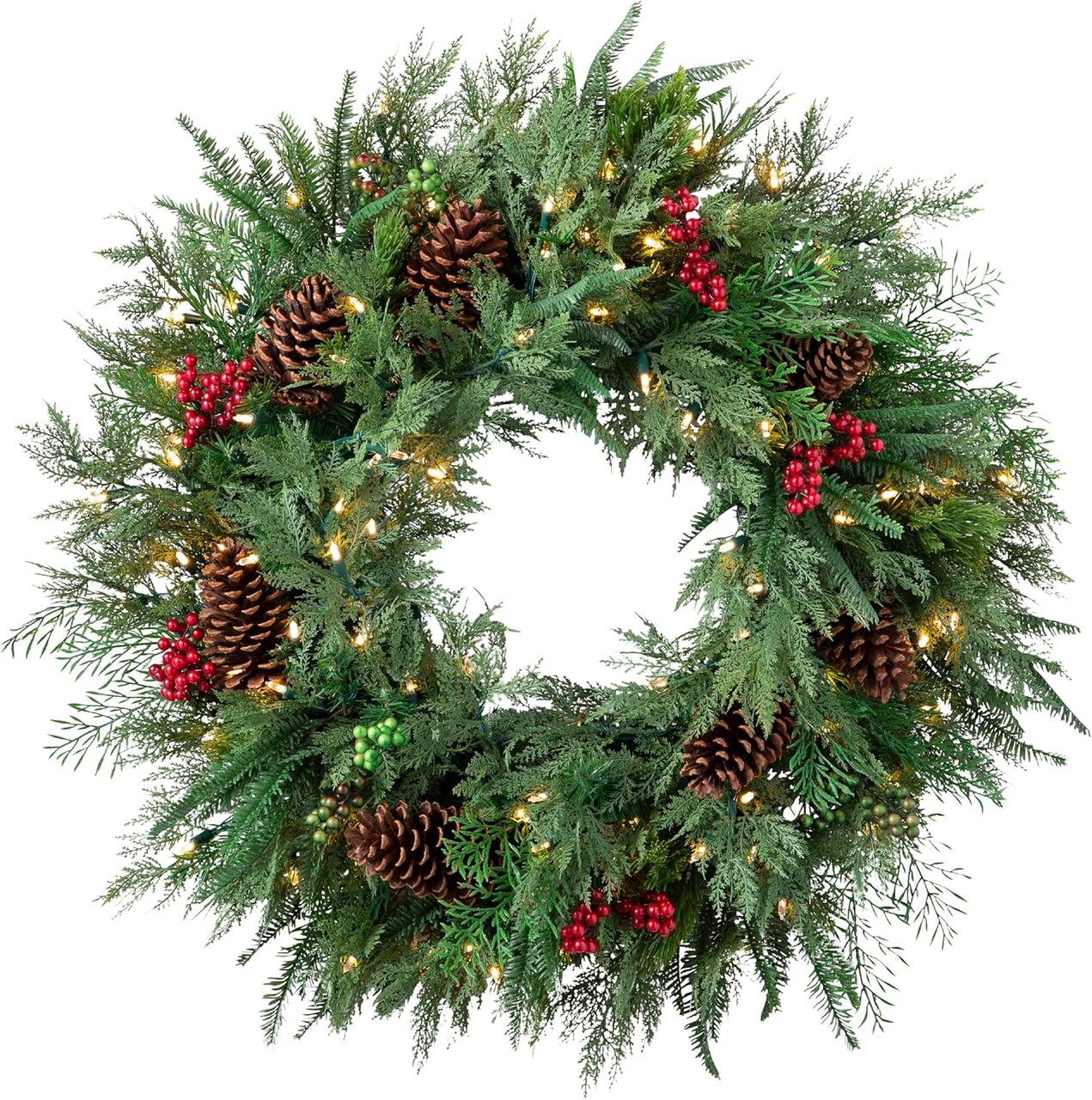 Christmas Wreath with Battery-Operated LED Clear Lights (Winter Evergreen 30") 22 x 21.63 x 7.38